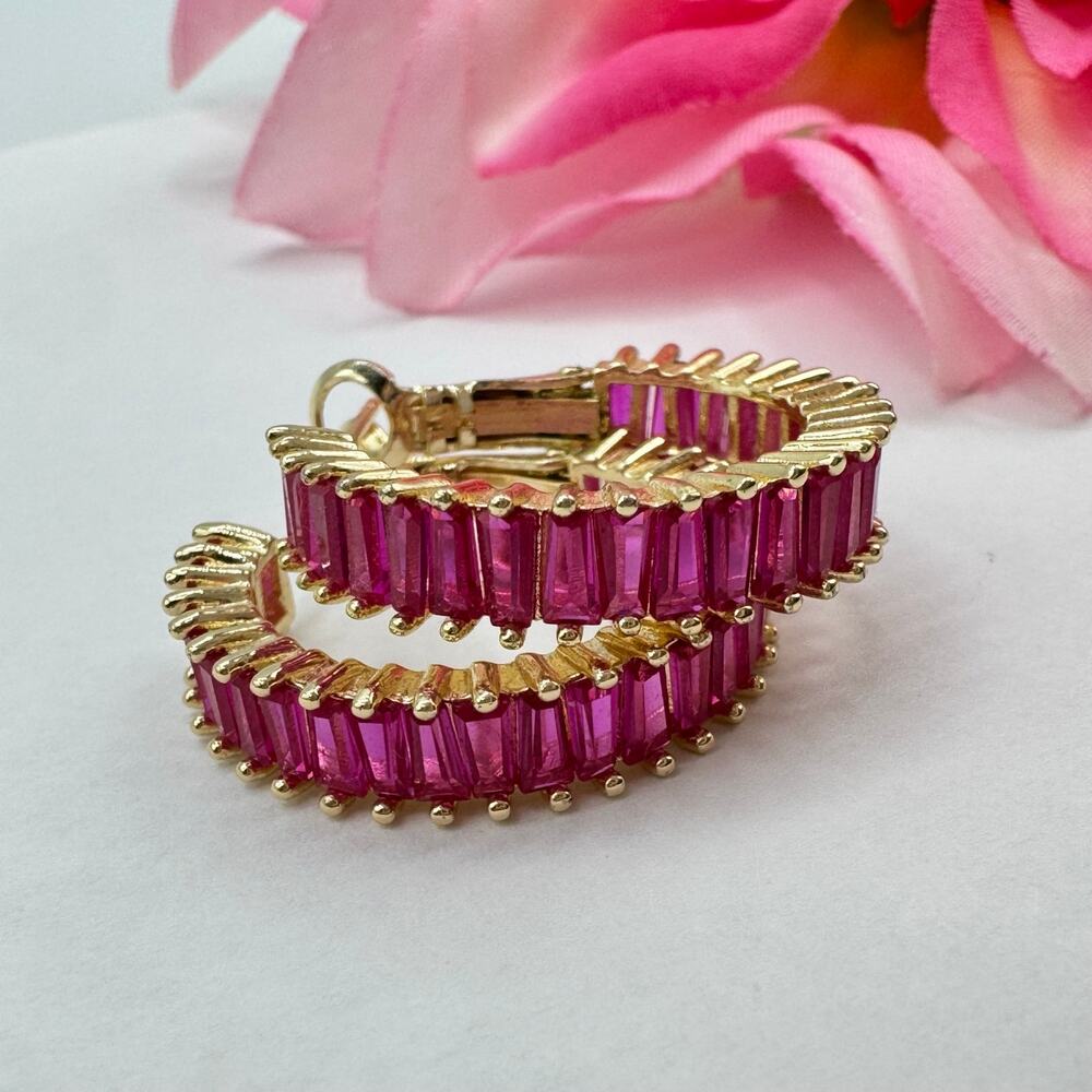 Hot Pink Ruby Hoop Earrings Channel Set Gold Tone Glow In UV Light Holiday Gift